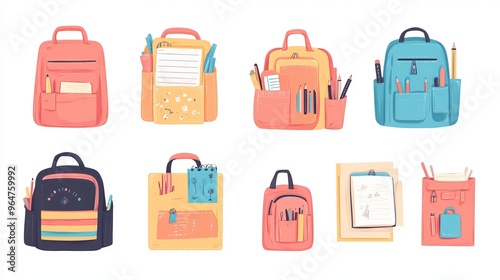 A set of children's school backpacks from front and side views, some open with stationery, notebooks, and textbooks, and others closed