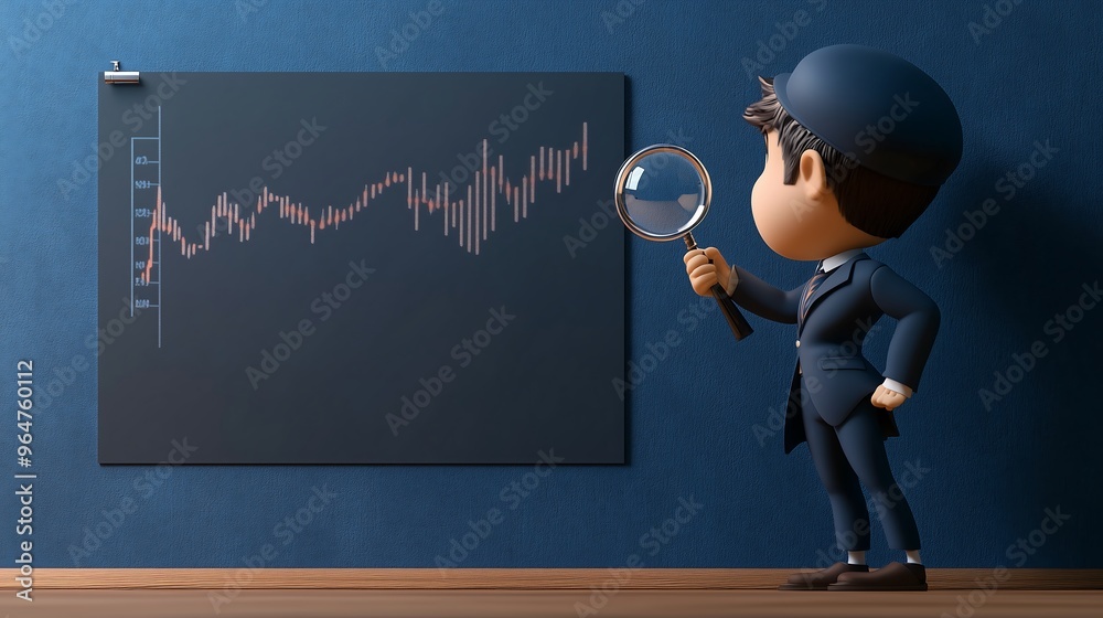Cartoon Man Analyzing Financial Data with Magnifying Glass Cartoon Man Analyzing Financial Data with Magnifying Glass