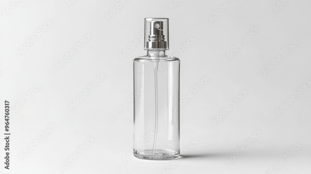 Empty Spray Bottle Minimalist Composition of a Transparent Bottle on a White Background Empty Spray Bottle Minimalist Composition of a Transparent Bottle on a White Background