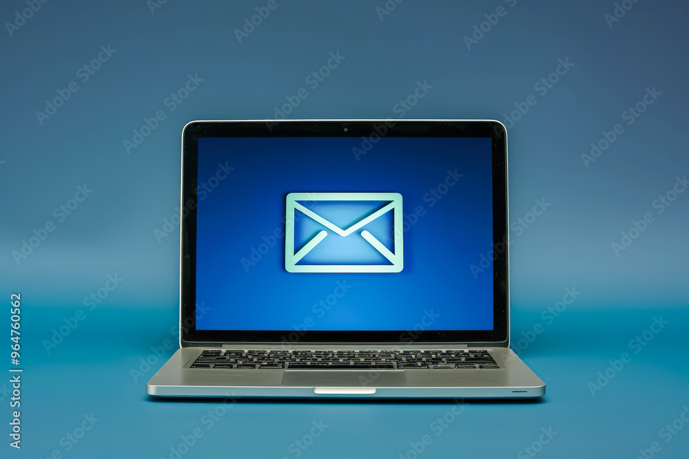A laptop screen shows two blue envelopes with the word mail on them. Concept of communication and connection, as the envelopes represent the act of sending and receiving messages A laptop screen shows two blue envelopes with the word mail on them. Concept of communication and connection, as the envelopes represent the act of sending and receiving messages