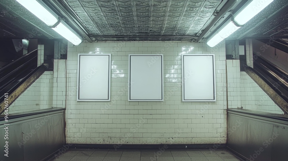 Subway Station Three Blank Frames on Tile Wall Low Angle Perspective Grunge Aesthetic Urban Concept Subway Station Three Blank Frames on Tile Wall Low Angle Perspective Grunge Aesthetic Urban Concept