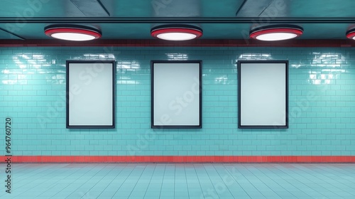 Fototapeta Naklejka Na Ścianę i Meble -  Subway Station Three Empty Ad Spaces on Teal Tile Wall with Red Trim and Circular Lights