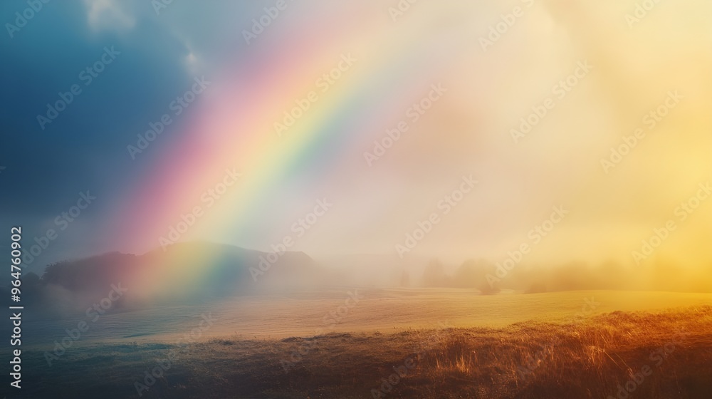 Dreamy rainbow casting a soft glow over rural countryside landscape picture Dreamy rainbow casting a soft glow over rural countryside landscape picture