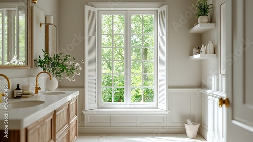 Sunlit Bathroom with White Shutters Golden Faucets Wooden Vanity Capturing Tranquil Garden View Through Window