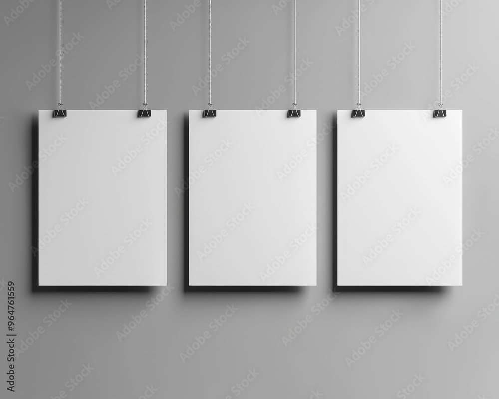 Three Blank White Posters Hung with Clips on a Grey Wall Minimalist Composition Clean Lines Empty Canvas Ready for Design Three Blank White Posters Hung with Clips on a Grey Wall Minimalist Composition Clean Lines Empty Canvas Ready for Design