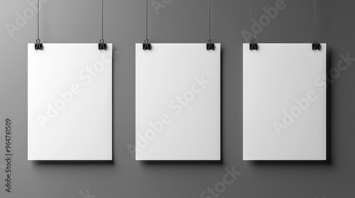 Three Blank Posters Hanging on a Gray Wall Minimalist Design with Clean Lines and Simple Composition