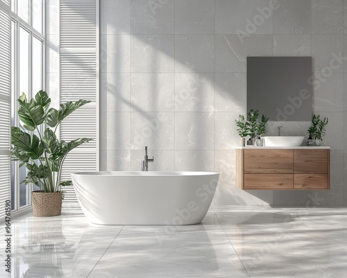 Minimalist Bathroom Sunlight Bathes a White Tub Marble Floor with Wooden Vanity Greenery Accents