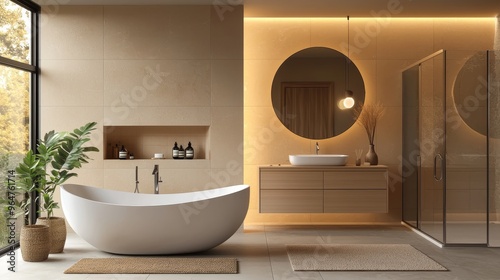Minimalist Bathroom with Bathtub Large Oval Mirror and Natural Light