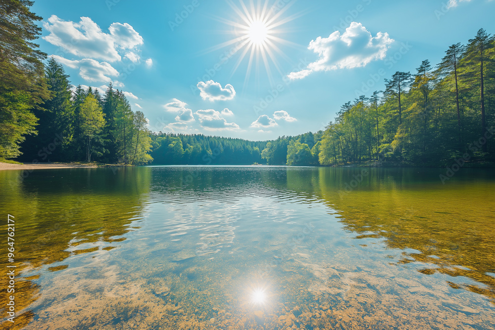 Fototapeta premium beautiful clean transparent turquoise lake with a small sandy beach surrounded by a beautiful green forest, generative AI