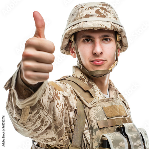 Male Soldier giving a thumbs-up wearing military dress on a white background.