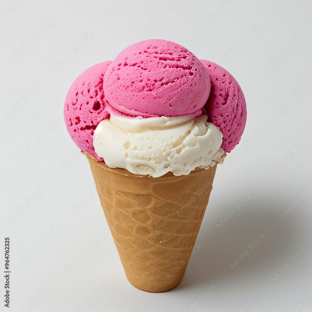 Pink soft serve ice cream in a cone on white background.. Pink soft serve ice cream in a cone on white background..