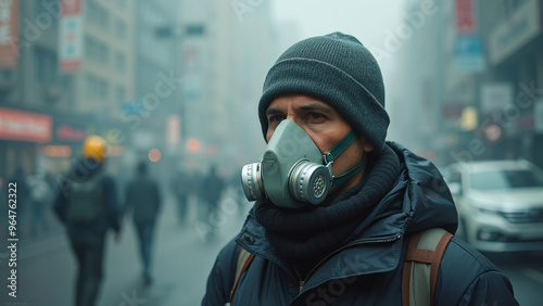 person in gas mask, city smog