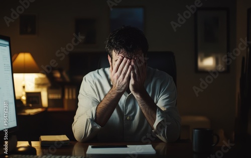 A man experiencing stress and fatigue while working late at night, overwhelmed by his responsibilities and emotions in a dimly lit room.