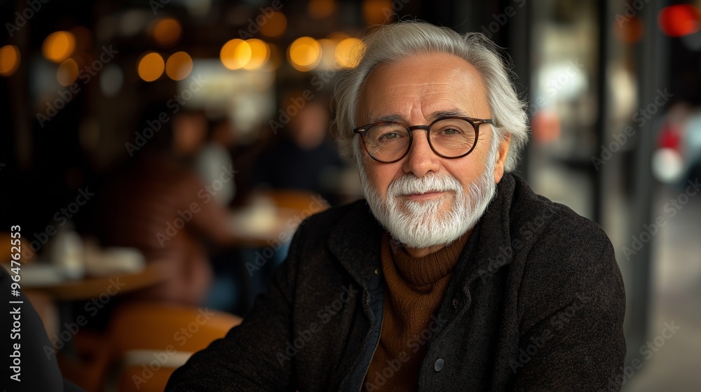 Elderly man with glasses smiling warmly in a cozy café, with blurred warm lights in the background, creating a relaxed and inviting atmosphere Elderly man with glasses smiling warmly in a cozy café, with blurred warm lights in the background, creating a relaxed and inviting atmosphere