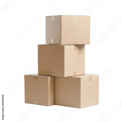 Stack of four cardboard boxes ready for shipping or storage. Ideal for logistics, e-commerce, or moving concepts. transparent background photo