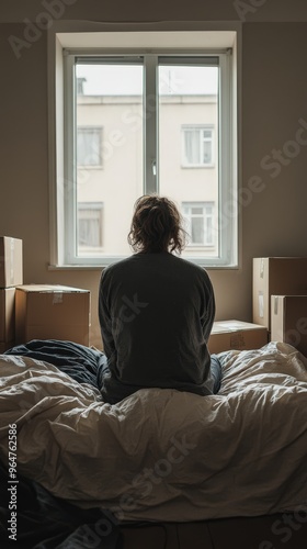 A person reflecting by a window in a cozy room filled with moving boxes, capturing a moment of contemplation and solitude.