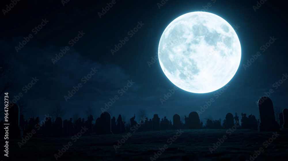 Massive full moon illuminates a cemetery scene, with silhouetted gravestones and figures, creating a hauntingly eerie atmosphere under the night sky. Massive full moon illuminates a cemetery scene, with silhouetted gravestones and figures, creating a hauntingly eerie atmosphere under the night sky.