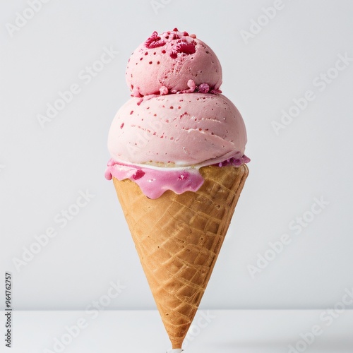 Pink soft serve ice cream in a cone on white background..