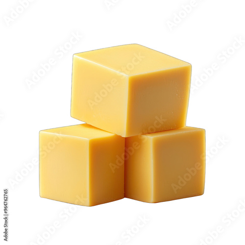 Three cubes of yellow cheese stacked together, showcasing their smooth texture and vibrant color, perfect for culinary presentations. transparent background