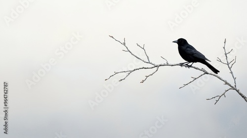 A solitary black bird perched on a bare branch against a soft, ethereal background, symbolizing tranquility and isolation.