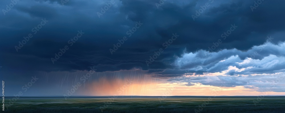 Fototapeta premium Dramatic storm clouds gather over a tranquil landscape, capturing the contrast between approaching rain and fading sunlight.