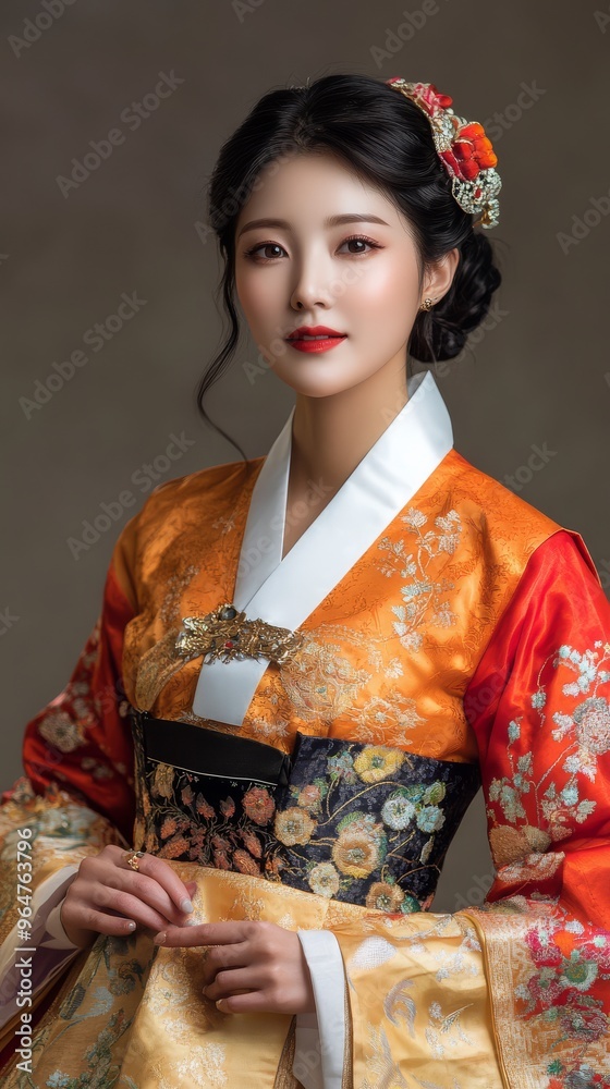 The female model elegantly wears a vibrant traditional outfit showcasing cultural heritage The female model elegantly wears a vibrant traditional outfit showcasing cultural heritage