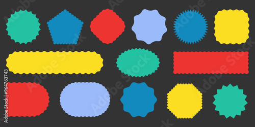 Various Colorful wavy zigzag edge Geometric shapes. Empty Scalloped frame icon. Rectangle Ellipse Circle Text Box. Simple Modern blank Tag Label Stamp mark Badge element for design