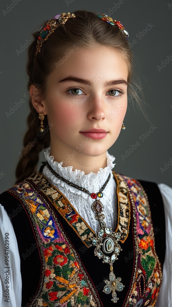 A female model elegantly displays traditional Swedish clothing with intricate details A female model elegantly displays traditional Swedish clothing with intricate details