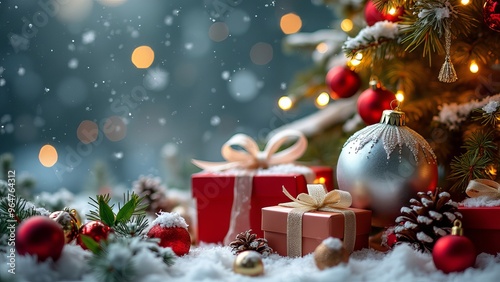 A beautifully decorated Christmas tree stands adorned with twinkling lights, colorful ornaments, and sparkling tinsel. Wrapped presents sit beneath the tree, creating a cozy and festive atmosphere
