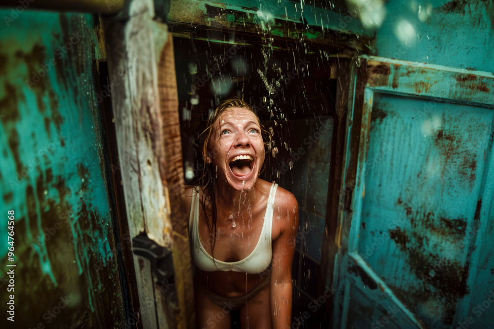 Naklejka premium A woman is standing in a shower with water pouring down on her. She is smiling and laughing, enjoying the experience