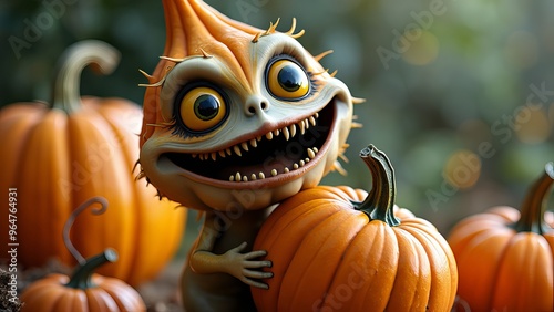 Cute Halloween pumpkin Creature with Pumpkins in a
Spooky Autumn Scene