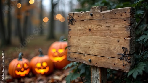 A rustic wooden sign stands in a spooky forest, surrounded by glowing jack-o'-lanterns. The perfect Halloween background for spooky season celebrations.