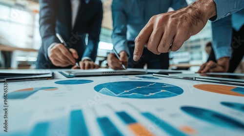  A close-up of a business team working together to discuss work. Analyzing with financial data and graphs of marketing growth reports in the team.