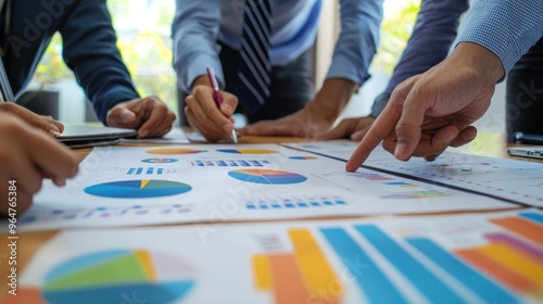  A close-up of a business team working together to discuss work. Analyzing with financial data and graphs of marketing growth reports in the team.