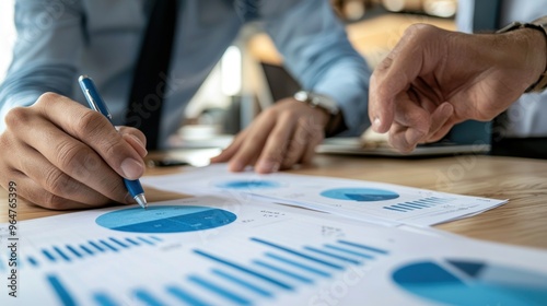  A close-up of a business team working together to discuss work. Analyzing with financial data and graphs of marketing growth reports in the team.