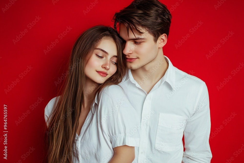 Photo portrait of lovely young guy girl look each other embrace dressed stylish white garment isolated on red color background Photo portrait of lovely young guy girl look each other embrace dressed stylish white garment isolated on red color background