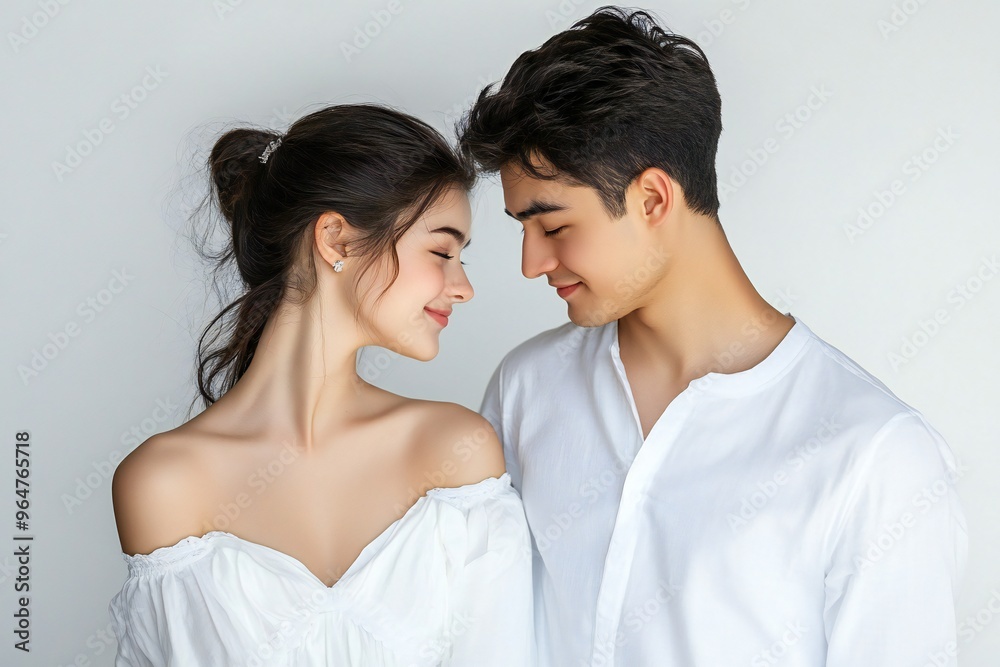 Photo portrait of lovely young guy girl look each other embrace dressed stylish white garment isolated on white color background Photo portrait of lovely young guy girl look each other embrace dressed stylish white garment isolated on white color background