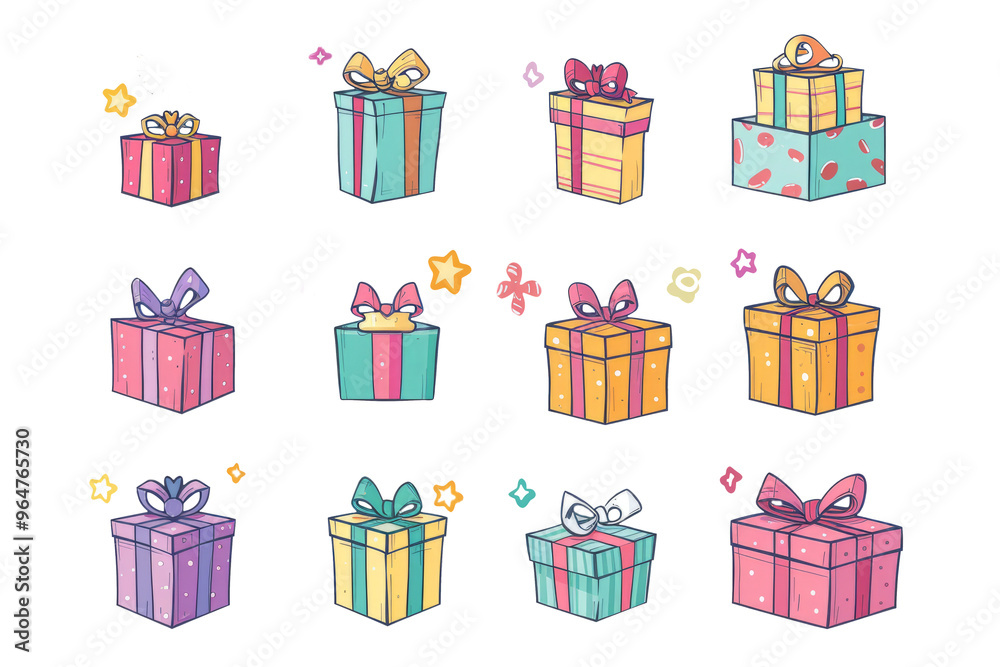 Drawings of gifts in different colors and shapes. Transparent background