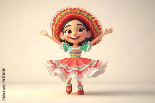 happy smiling dancing mexican cartoon character young girl person portrait in 3d style design on light background. Human people feelings expression concept