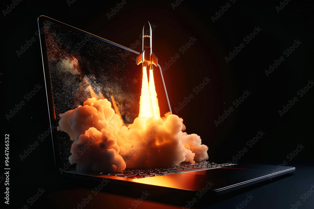 A laptop is opened to reveal a rocket launching into space. Concept of ...
