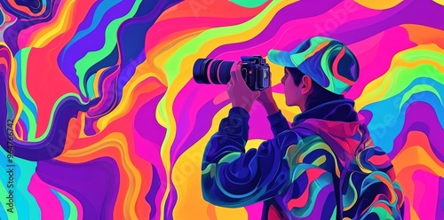 A colorful geometric world surrounds a person with a camera.