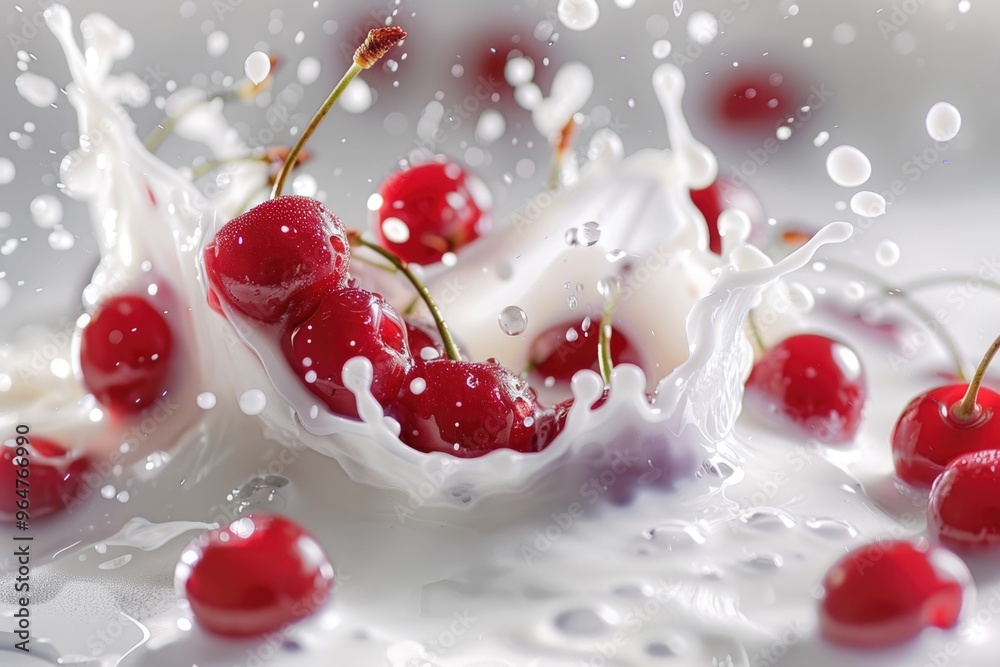 Fresh cherries falling into a bowl of milk, perfect for breakfast or snack Fresh cherries falling into a bowl of milk, perfect for breakfast or snack