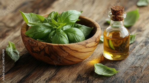 Fresh basil leaves, both sweet and spicy, sit in a wooden bowl with essential oil. This image shows natural remedies and aromatherapy.