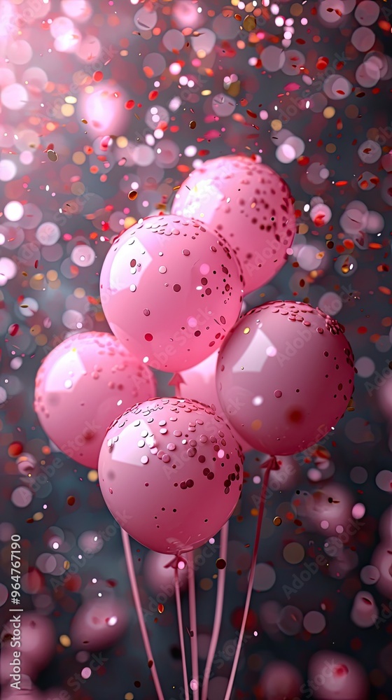 Pink festive birthday party background with balloons, confetti. Party or birthday celebration copy space. Concept of happiness, joy, birthday. Wide Angle Holiday, Banner With Copy Space Pink festive birthday party background with balloons, confetti. Party or birthday celebration copy space. Concept of happiness, joy, birthday. Wide Angle Holiday, Banner With Copy Space