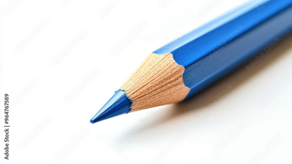 Close-up of a blue colored pencil on white background, artistic and creative concept Close-up of a blue colored pencil on white background, artistic and creative concept