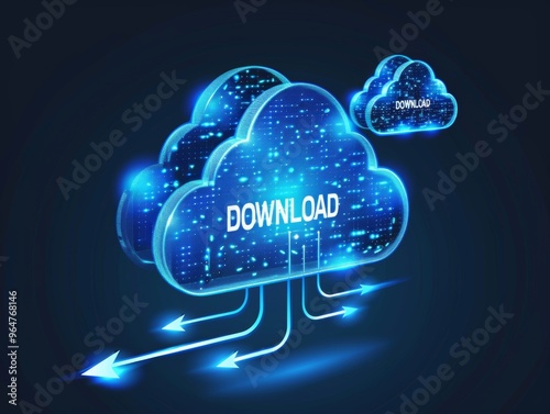Wallpaper Mural Futuristic blue glowing digital cloud with 'Download' text and arrow symbols representing data transfer. Torontodigital.ca