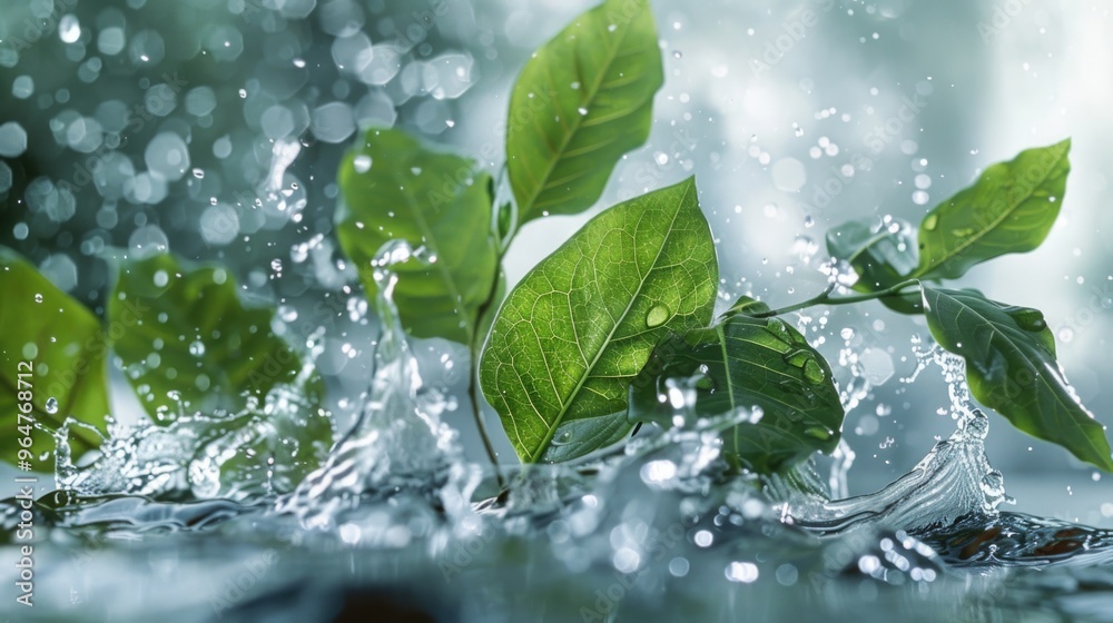 A green plant is sprouting out of the water, with leaves and stems visible A green plant is sprouting out of the water, with leaves and stems visible