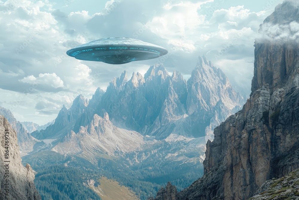 A mysterious alien ship hovers above a majestic mountain range, casting a shadow of wonder and anticipation. A mysterious alien ship hovers above a majestic mountain range, casting a shadow of wonder and anticipation.