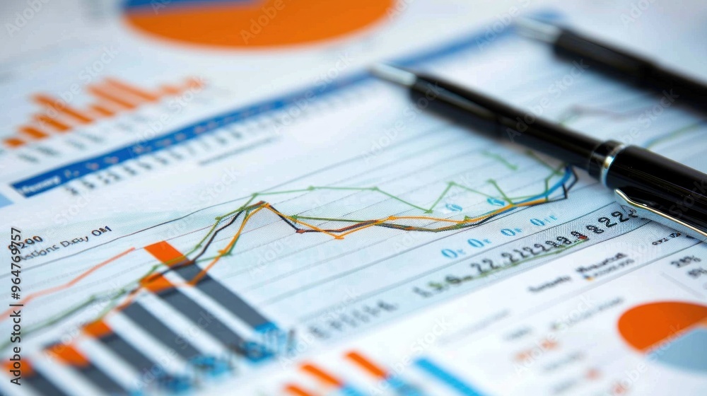 A person is pointing at a graph with a pen on it A person is pointing at a graph with a pen on it