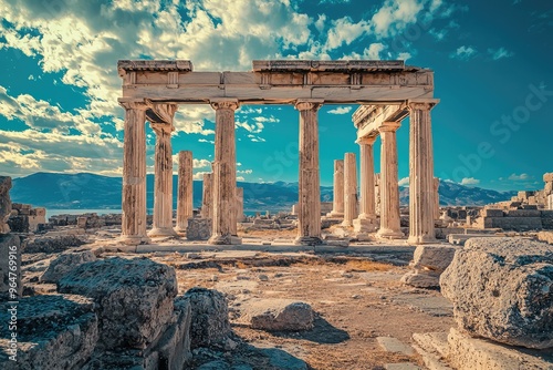 Echoes of Antiquity: Majestic Ruins of a Greek Temple Under a Sky of Dreams